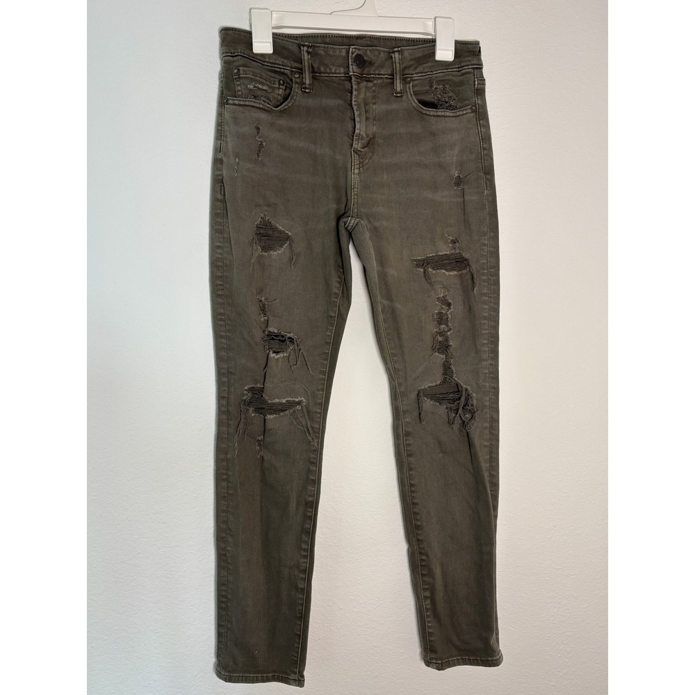 American Eagle Airflex+ Skinny Distressed Jeans Mens 30x30 Olive Green Ripped